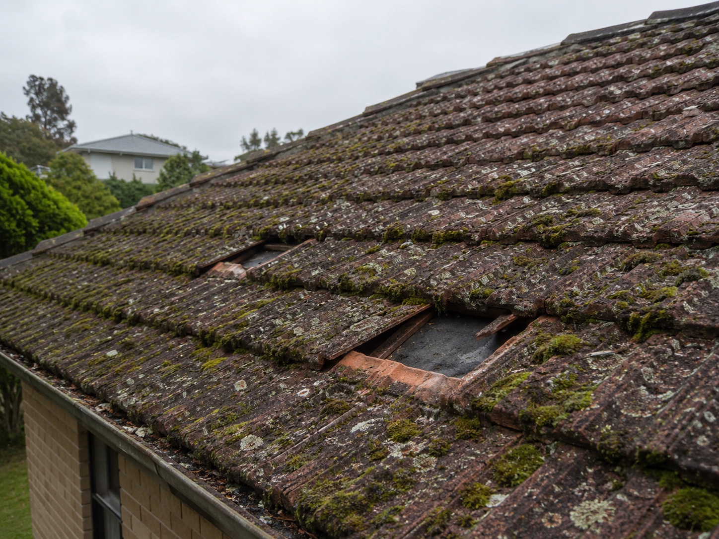 Moss-covered terracotta tile roof before pressure clean
